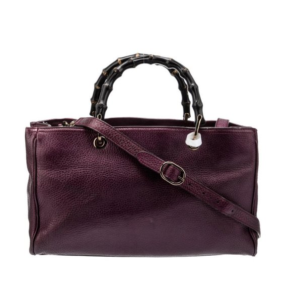Gucci Purple Leather Shopper Tote Bamboo Handle Gold Hardware Vintage Branding - Picture 3 of 6